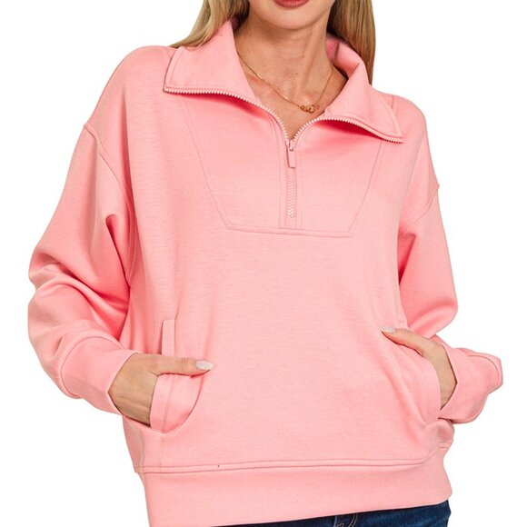 Zenana Scuba Half Zip Sweatshirt with Pockets - Picture 1 of 3